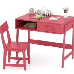 Schreibtisch Kinder mit Stuhl Kinderschreibtisch Set aus Holz Jugendschreibtisch mit Schublade & Ablage Schwarz/Rosa/Weiß