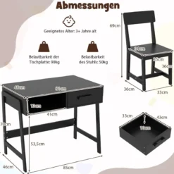 Schreibtisch Kinder mit Stuhl Kinderschreibtisch Set aus Holz Jugendschreibtisch mit Schublade & Ablage Schwarz/Rosa/Weiß