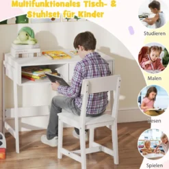 Schreibtisch Kinder mit Stuhl Kinderschreibtisch Set aus Holz Jugendschreibtisch mit Schublade & Ablage Schwarz/Rosa/Weiß