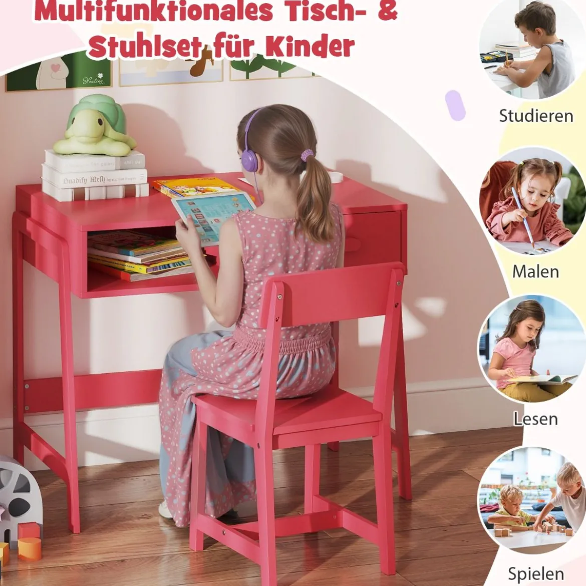 Schreibtisch Kinder mit Stuhl Kinderschreibtisch Set aus Holz Jugendschreibtisch mit Schublade & Ablage Schwarz/Rosa/Weiß