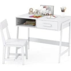 Schreibtisch Kinder mit Stuhl Kinderschreibtisch Set aus Holz Jugendschreibtisch mit Schublade & Ablage Schwarz/Rosa/Weiß
