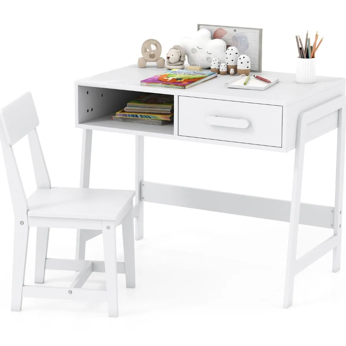 Schreibtisch Kinder mit Stuhl Kinderschreibtisch Set aus Holz Jugendschreibtisch mit Schublade & Ablage Schwarz/Rosa/Weiß