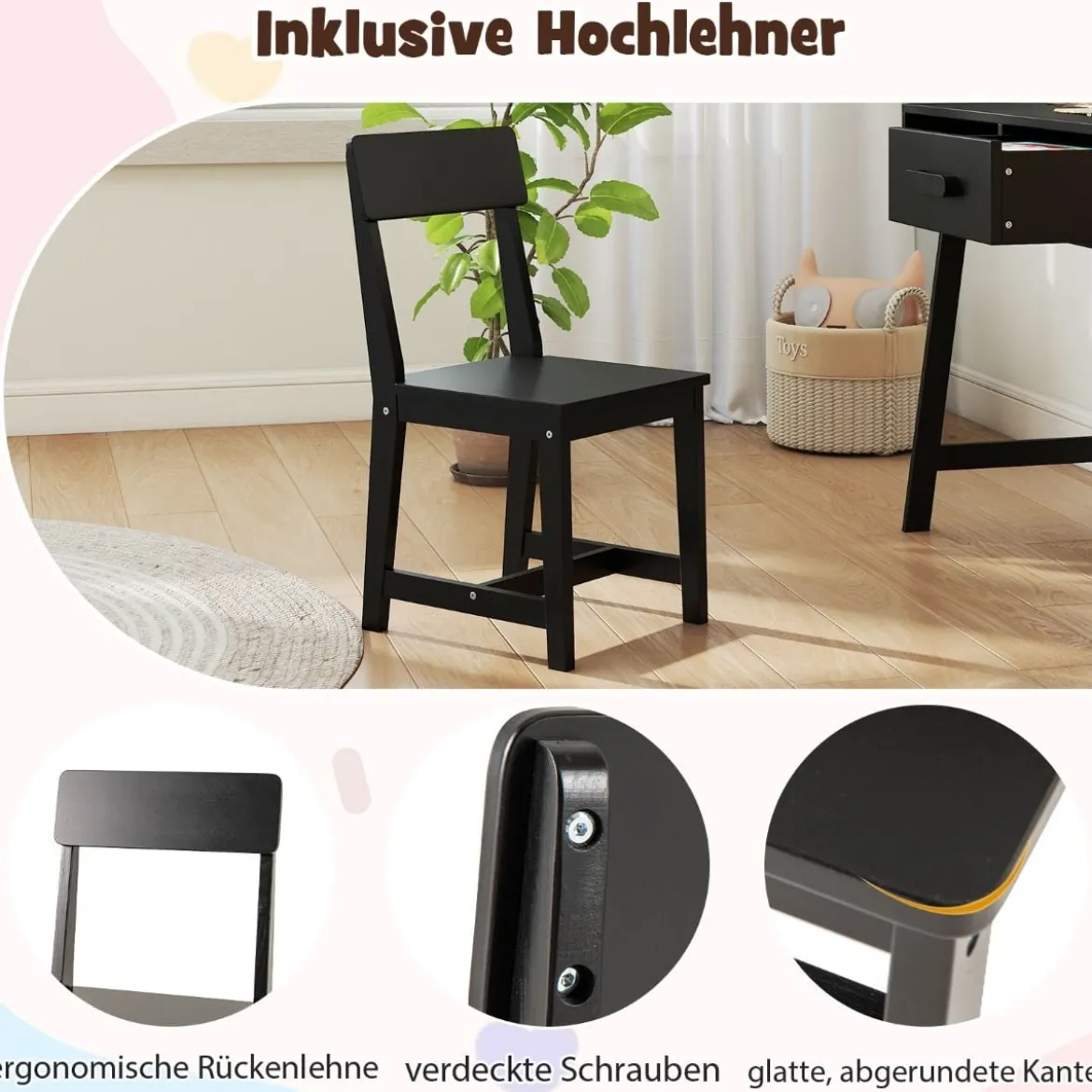 Schreibtisch Kinder mit Stuhl Kinderschreibtisch Set aus Holz Jugendschreibtisch mit Schublade & Ablage Schwarz/Rosa/Weiß