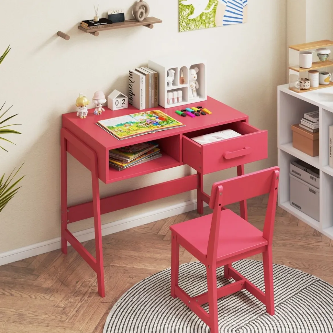 Schreibtisch Kinder mit Stuhl Kinderschreibtisch Set aus Holz Jugendschreibtisch mit Schublade & Ablage Schwarz/Rosa/Weiß