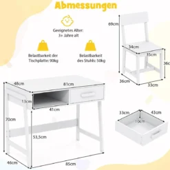 Schreibtisch Kinder mit Stuhl Kinderschreibtisch Set aus Holz Jugendschreibtisch mit Schublade & Ablage Schwarz/Rosa/Weiß