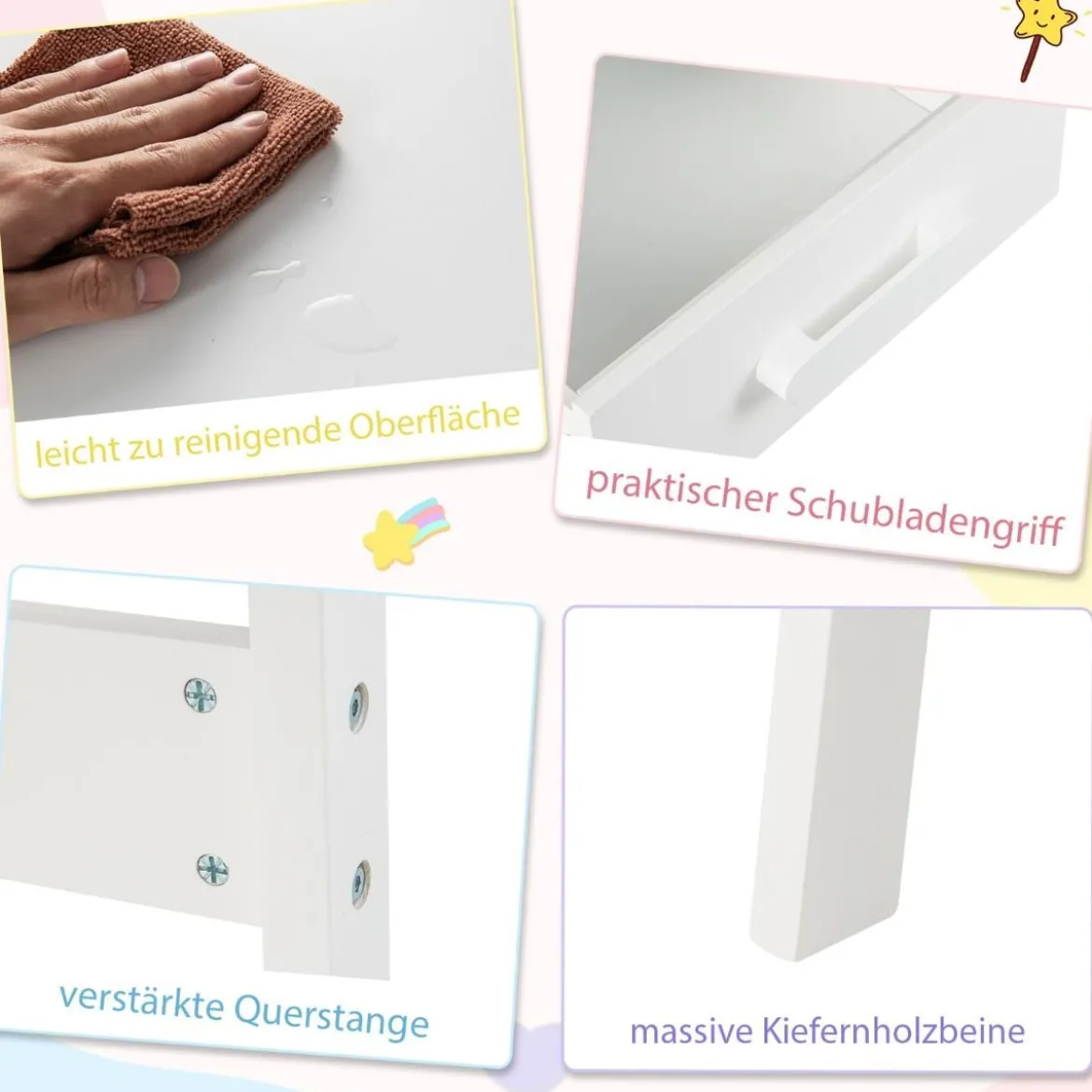 Schreibtisch Kinder mit Stuhl Kinderschreibtisch Set aus Holz Jugendschreibtisch mit Schublade & Ablage Schwarz/Rosa/Weiß