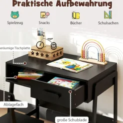 Schreibtisch Kinder mit Stuhl Kinderschreibtisch Set aus Holz Jugendschreibtisch mit Schublade & Ablage Schwarz/Rosa/Weiß