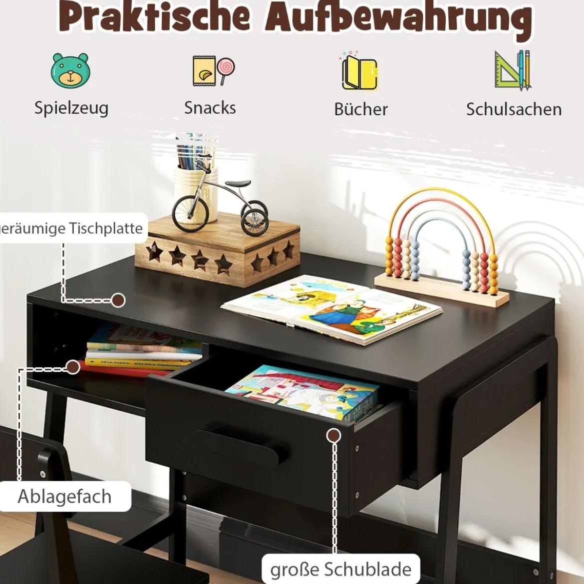 Schreibtisch Kinder mit Stuhl Kinderschreibtisch Set aus Holz Jugendschreibtisch mit Schublade & Ablage Schwarz/Rosa/Weiß