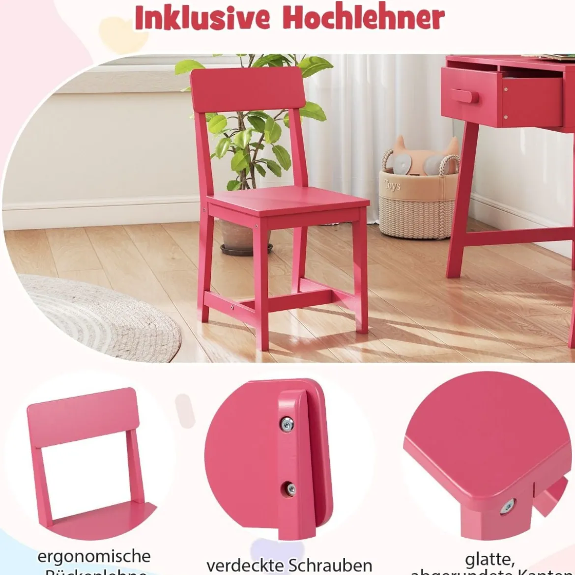 Schreibtisch Kinder mit Stuhl Kinderschreibtisch Set aus Holz Jugendschreibtisch mit Schublade & Ablage Schwarz/Rosa/Weiß