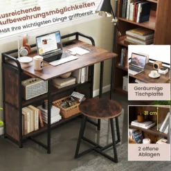 Schreibtisch klappbar mit Steckdose Klapptisch mit Hocker Computertisch mit Regalen & Metallrahmen 90 x 55 x 83 cm Braun