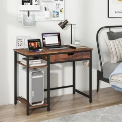 Schreibtisch Kleiner Computertisch mit Schublade & verstellbarem Regal 100 x 50 x 76 cm Rustikales Braun