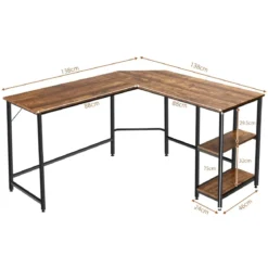 Schreibtisch L-Form Eckschreibtisch mit 2 Ablagen Ecktisch mit abnehmbarem Regal Kaffeebraun/Schwarz/Natur