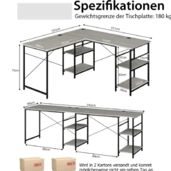 Schreibtisch L-Form Reversibler Eckschreibtisch mit 4 Ablagen 151 x 151 x 75 cm Grau