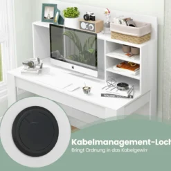 Schreibtisch mit Bücherregal & Kabelführungslöchern 120 x 54 x 129 cm Weiß