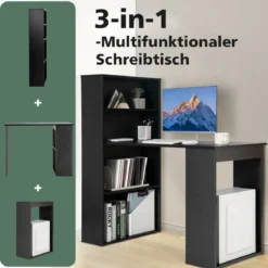 Schreibtisch mit Bücherregal Computertisch mit 6 Regalen PC-Tisch mit Regal Bürotisch Schwarz