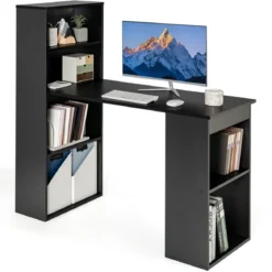 Schreibtisch mit Bücherregal Computertisch mit 6 Regalen PC-Tisch mit Regal Bürotisch Schwarz