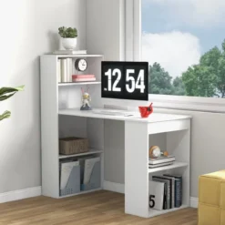 Schreibtisch mit Bücherregal Computertisch mit 6 Regalen PC-Tisch mit Regal Bürotisch Weiß