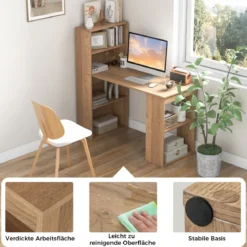 Schreibtisch mit Bücherregal Computertisch mit 6 Regalen PC-Tisch mit Regal Bürotisch Natur