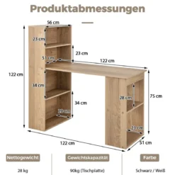 Schreibtisch mit Bücherregal Computertisch mit 6 Regalen PC-Tisch mit Regal Bürotisch Natur
