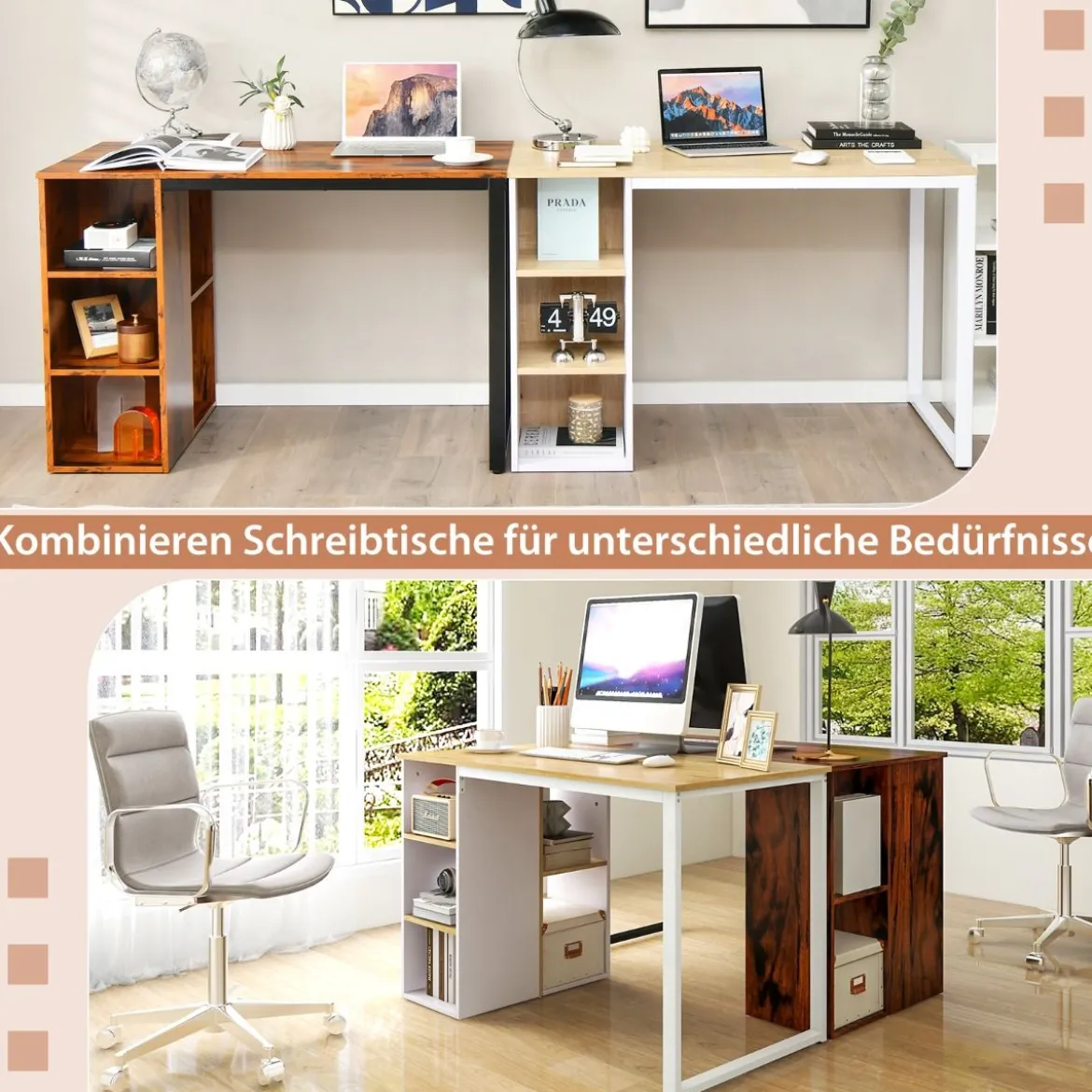 Schreibtisch mit 5 Fächern & Metallrahmen Moderner Computertisch Arbeitstisch Braun