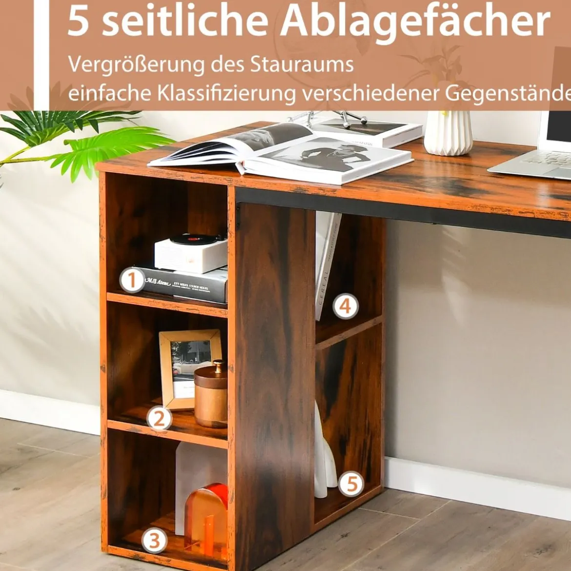 Schreibtisch mit 5 Fächern & Metallrahmen Moderner Computertisch Arbeitstisch Braun