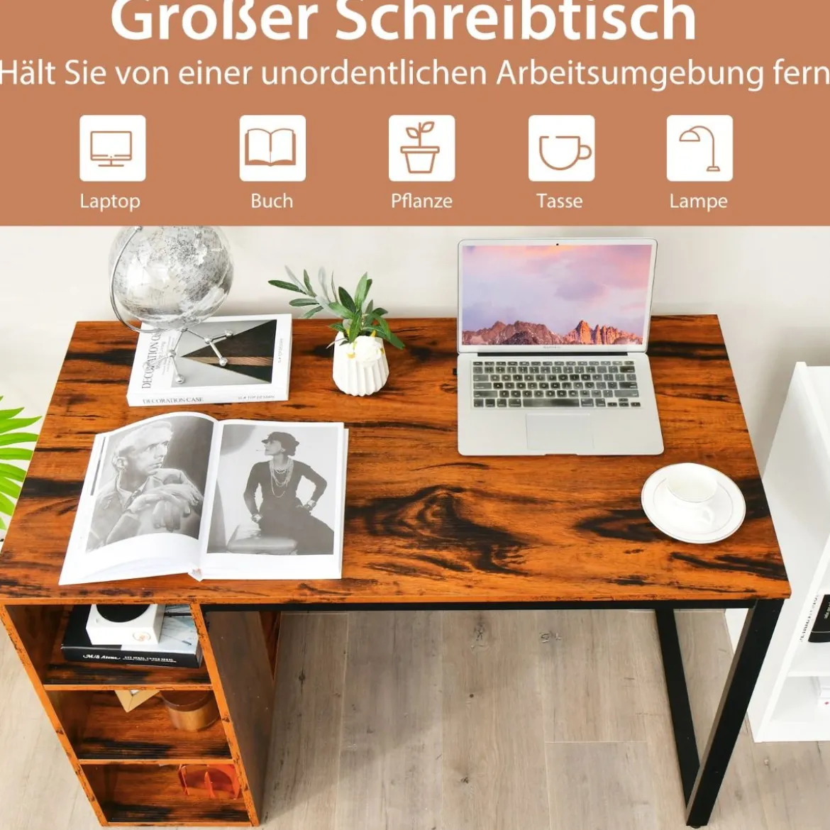 Schreibtisch mit 5 Fächern & Metallrahmen Moderner Computertisch Arbeitstisch Braun