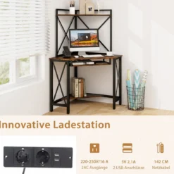 Schreibtisch mit Ladestation Eck Computertisch mit Tastaturablage & 2 Ablagen 113 x 75 x 145 cm Rustikales Braun + Schwarz