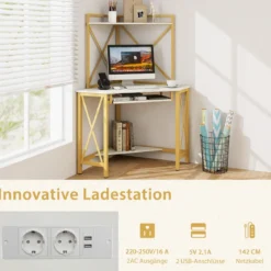 Schreibtisch mit Ladestation Eck Computertisch mit Tastaturablage & 2 Ablagen 113 x 75 x 145 cm Weiß + Gold