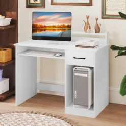 Schreibtisch mit Ladestation Tastaturablage Schublade & verstellbarem Regal Weiß 105 x 55 x 89 cm