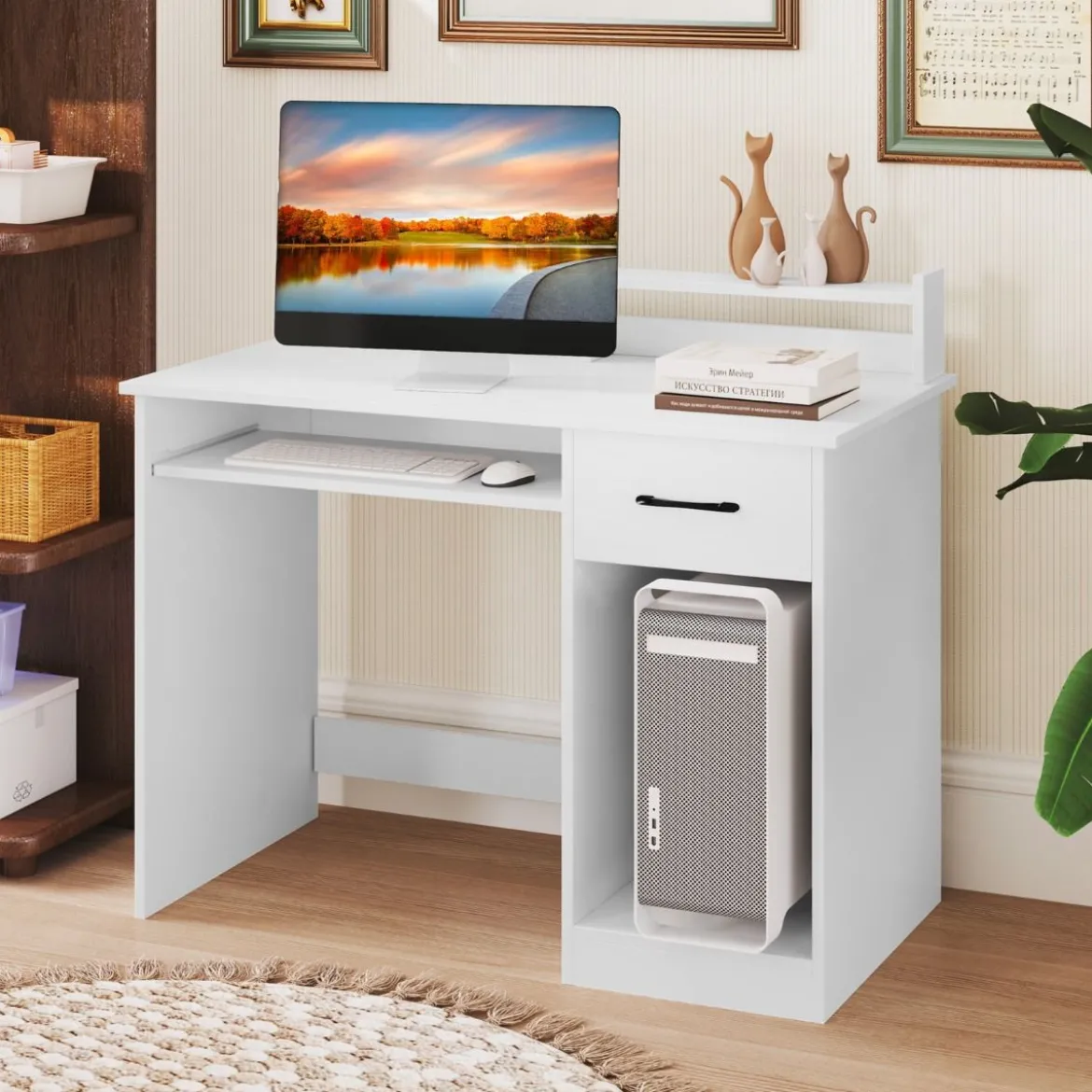 Schreibtisch mit Ladestation Tastaturablage Schublade & verstellbarem Regal Weiß 105 x 55 x 89 cm