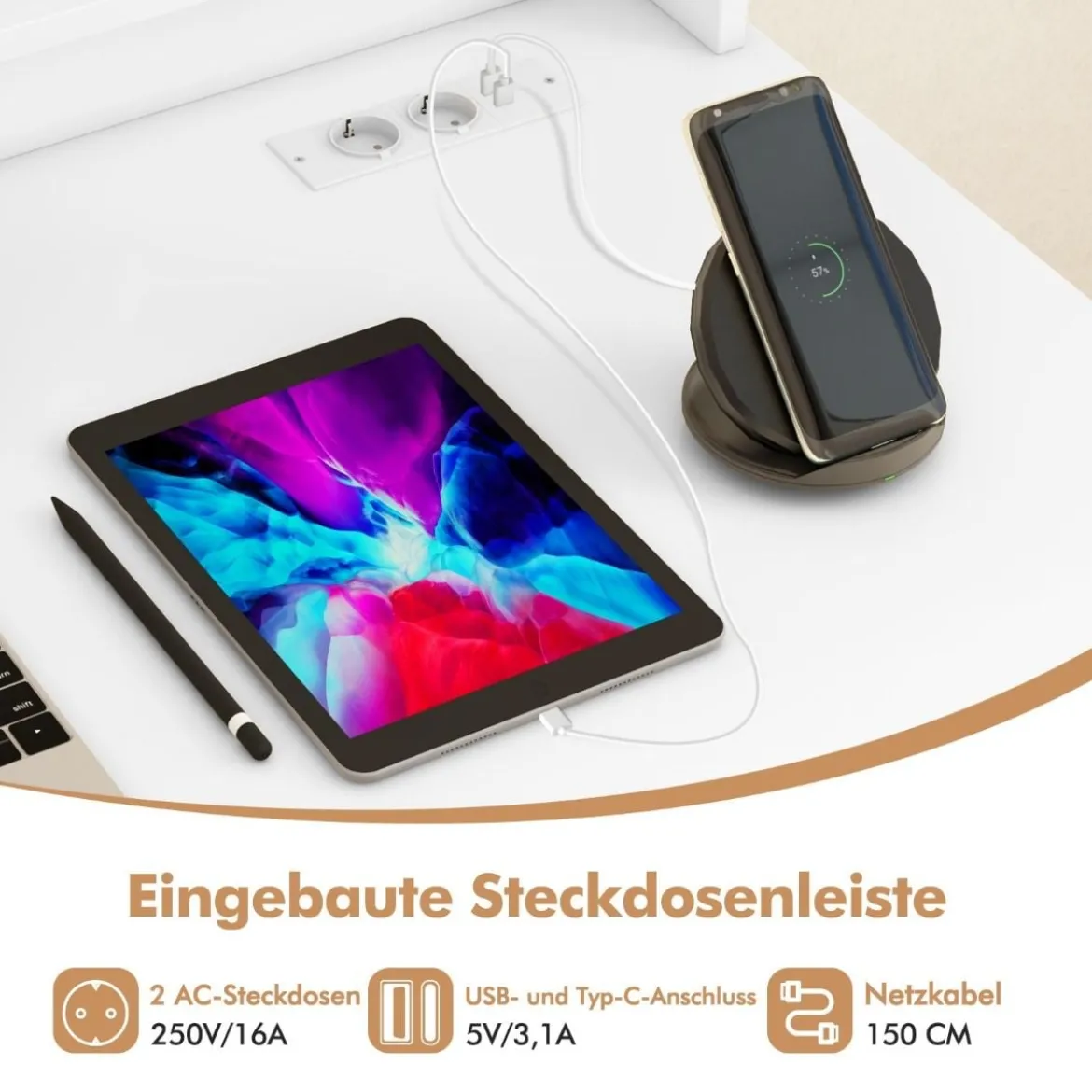 Schreibtisch mit Ladestation Tastaturablage Schublade & verstellbarem Regal Weiß 105 x 55 x 89 cm