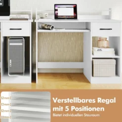 Schreibtisch mit Ladestation Tastaturablage Schublade & verstellbarem Regal Weiß 105 x 55 x 89 cm