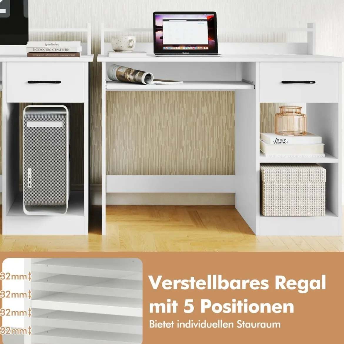Schreibtisch mit Ladestation Tastaturablage Schublade & verstellbarem Regal Weiß 105 x 55 x 89 cm