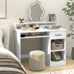Schreibtisch mit Ladestation Tastaturablage Schublade & verstellbarem Regal Weiß 105 x 55 x 89 cm