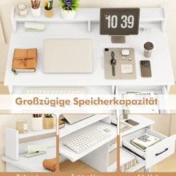 Schreibtisch mit Ladestation Tastaturablage Schublade & verstellbarem Regal Weiß 105 x 55 x 89 cm