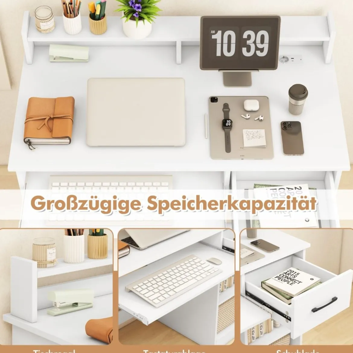 Schreibtisch mit Ladestation Tastaturablage Schublade & verstellbarem Regal Weiß 105 x 55 x 89 cm