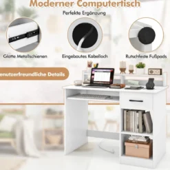 Schreibtisch mit Ladestation Tastaturablage Schublade & verstellbarem Regal Weiß 105 x 55 x 89 cm