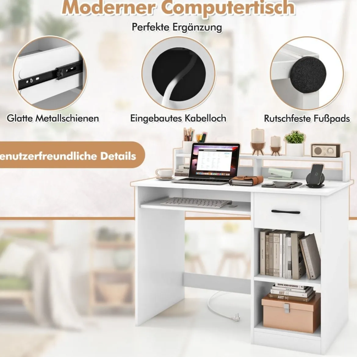 Schreibtisch mit Ladestation Tastaturablage Schublade & verstellbarem Regal Weiß 105 x 55 x 89 cm