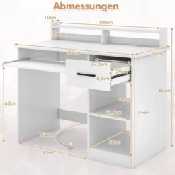 Schreibtisch mit Ladestation Tastaturablage Schublade & verstellbarem Regal Weiß 105 x 55 x 89 cm