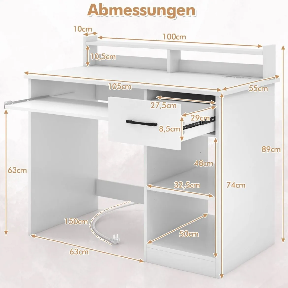 Schreibtisch mit Ladestation Tastaturablage Schublade & verstellbarem Regal Weiß 105 x 55 x 89 cm
