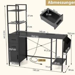 Schreibtisch mit Ladestation & LED-Beleuchtung Computertisch GamingSchreibtisch Schwarz