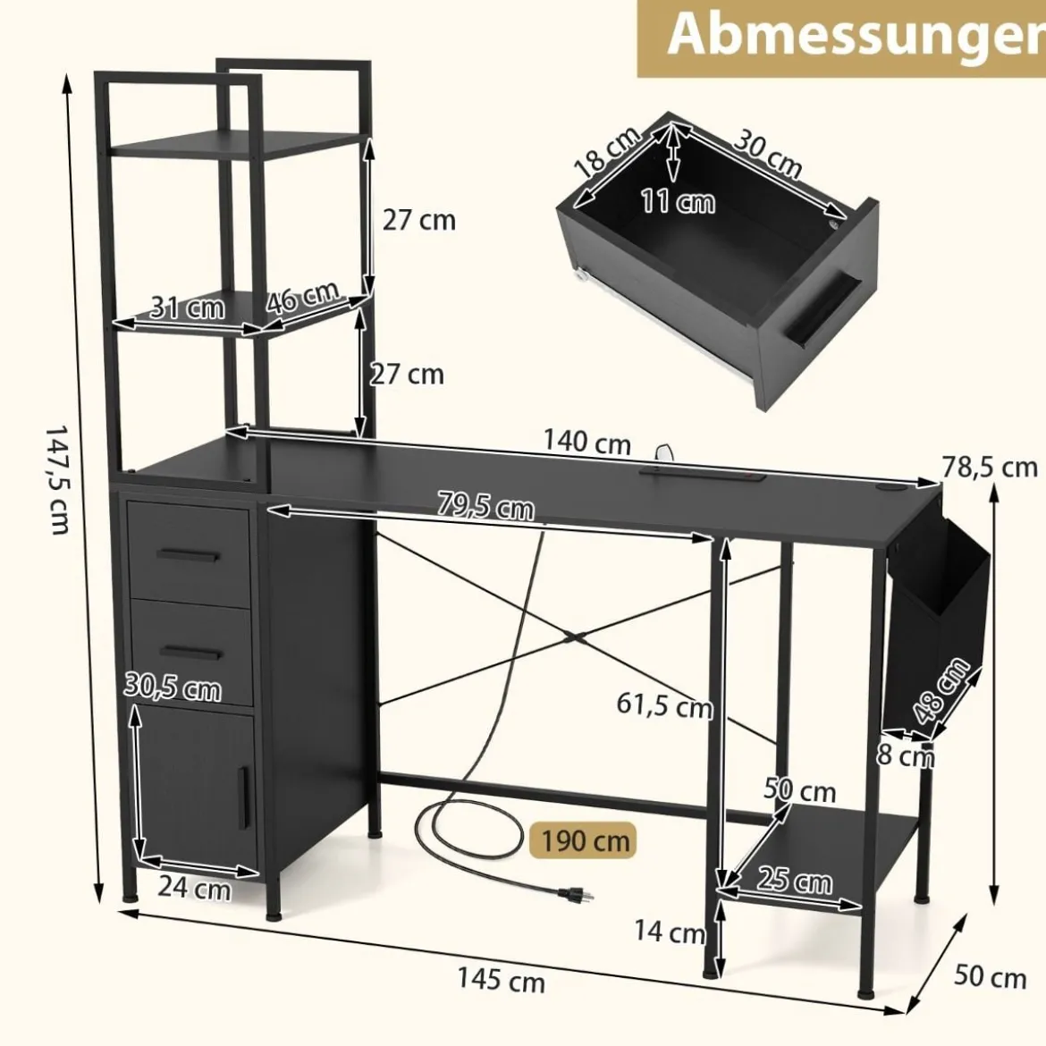Schreibtisch mit Ladestation & LED-Beleuchtung Computertisch GamingSchreibtisch Schwarz