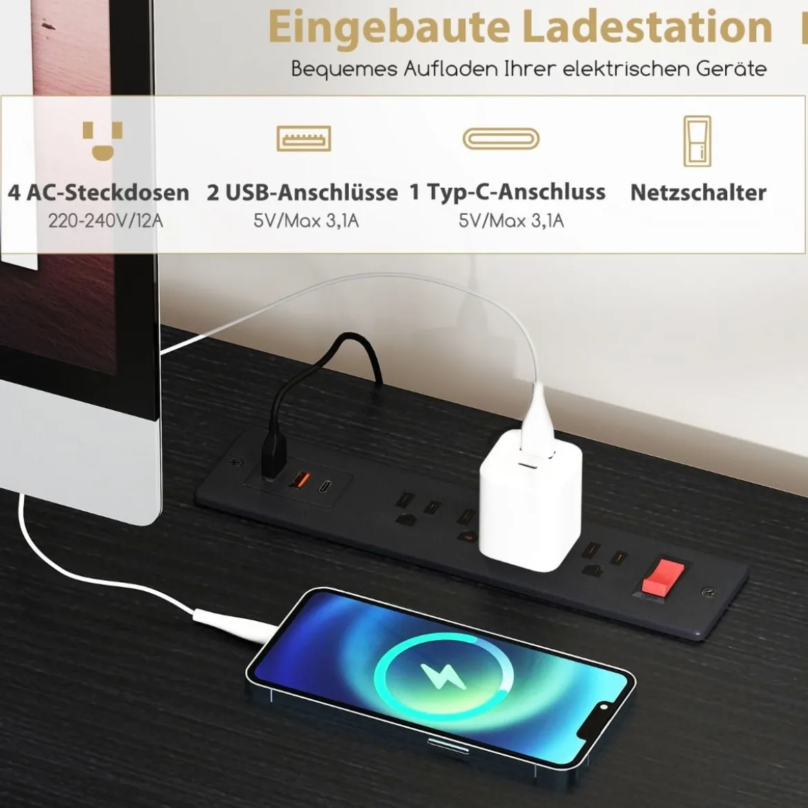 Schreibtisch mit Ladestation & LED-Beleuchtung Computertisch GamingSchreibtisch Schwarz