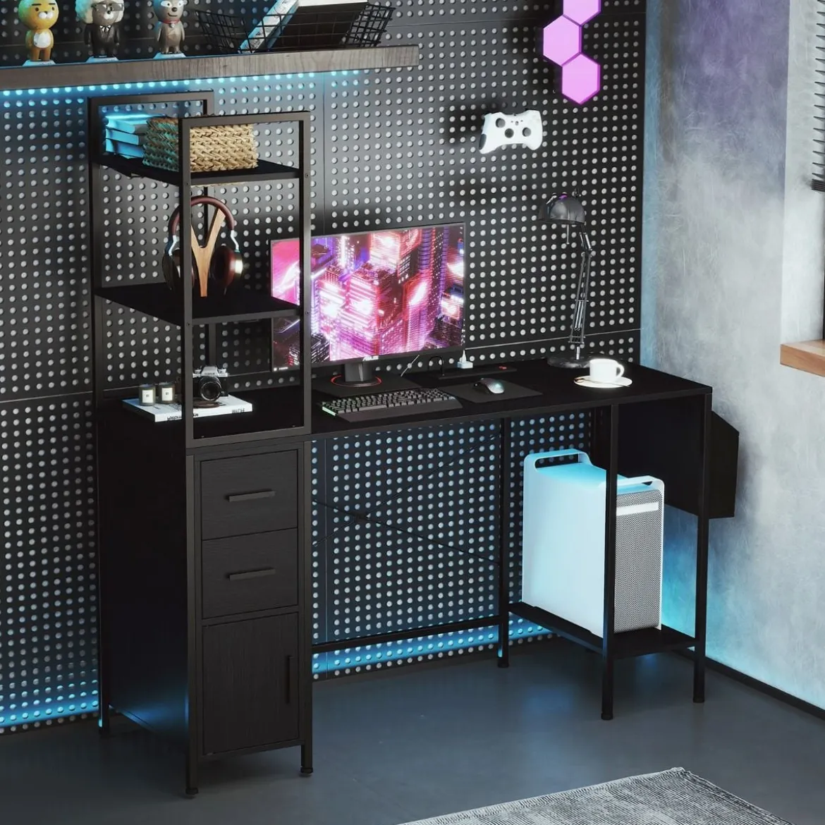 Schreibtisch mit Ladestation & LED-Beleuchtung Computertisch GamingSchreibtisch Schwarz