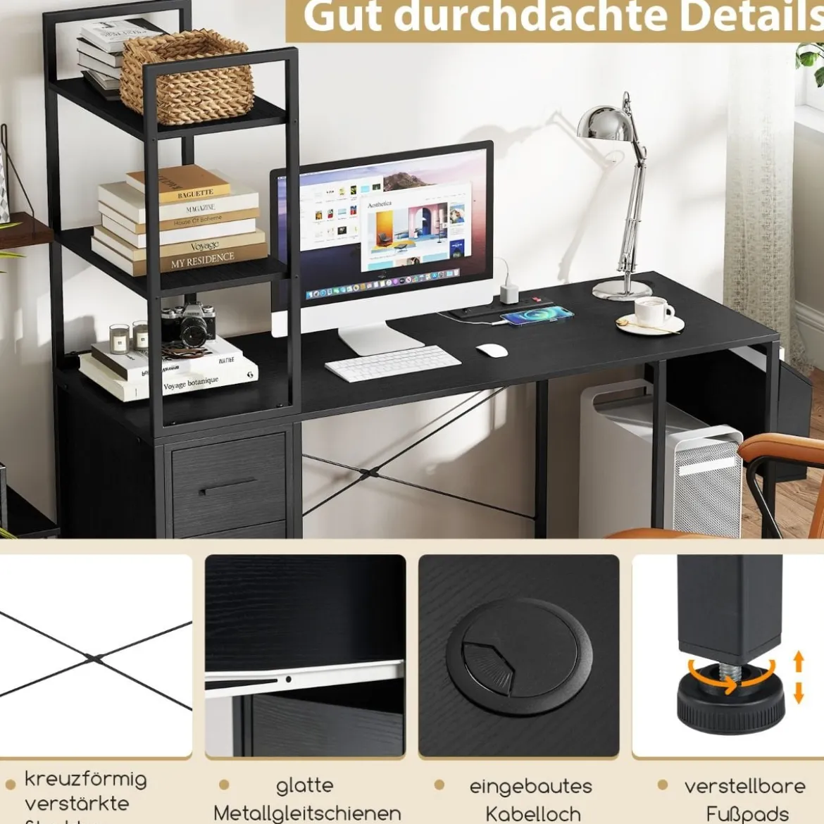 Schreibtisch mit Ladestation & LED-Beleuchtung Computertisch GamingSchreibtisch Schwarz