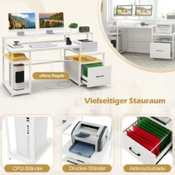 Schreibtisch mit Monitorständer Druckerständer CPU-Ständer & Aktenschrank 168 x 69 x 89 cm Weiß