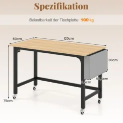 Schreibtisch mit Rollen Computertisch mit Abnehmbarer Stofftasche und Kopfhörerhaken 120 x 60 x 75 cm