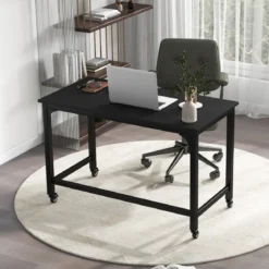 Schreibtisch mit Rollen & Metallrahmen Computertisch Bürotisch 120 x 60 x 76 cm Schwarz