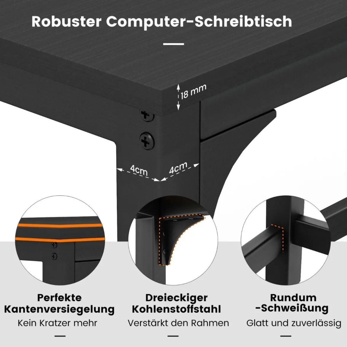 Schreibtisch mit Rollen & Metallrahmen Computertisch Bürotisch 120 x 60 x 76 cm Schwarz
