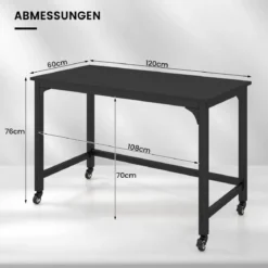 Schreibtisch mit Rollen & Metallrahmen Computertisch Bürotisch 120 x 60 x 76 cm Schwarz